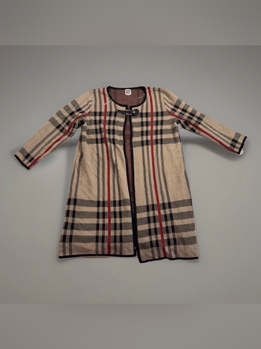 Anne Klein Women XL Plaid Long Cardigan Sweater Faux Leather Buckle Duster Camel